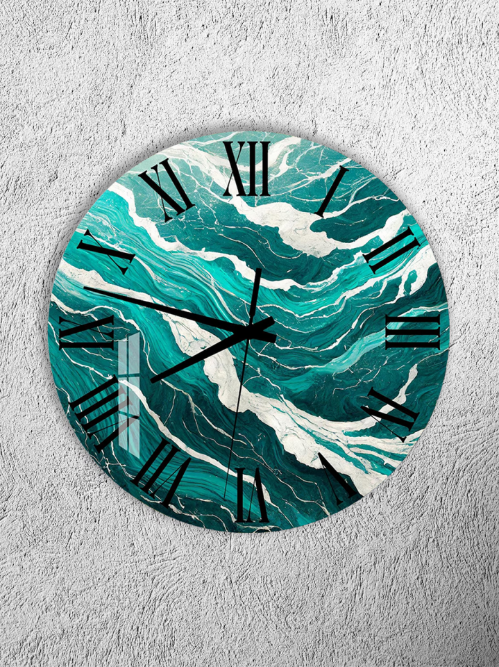 KIRILMAZ CAM DUVAR SAATİ, HEM TABLO HEM SAAT TURKUAZ MERMER DALGA DESEN LÜKS TASARIM EV OFİS HEDİYESİ