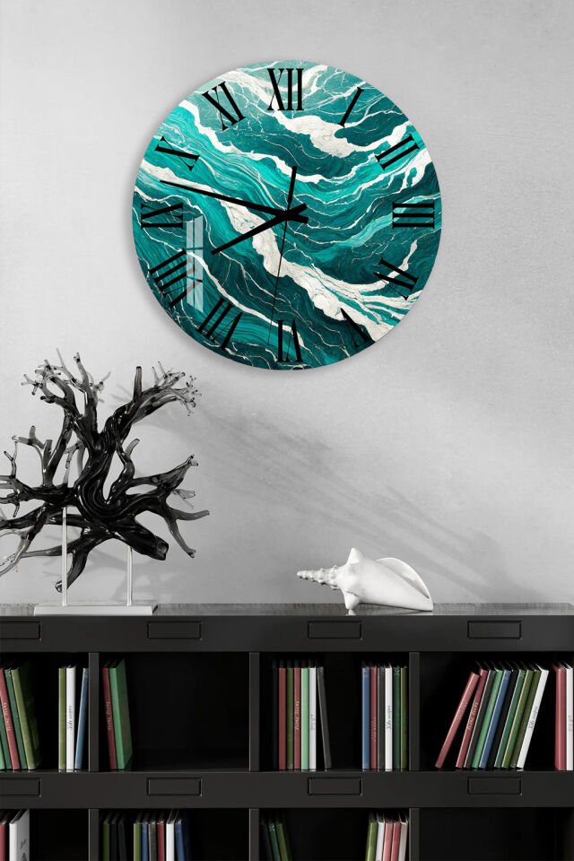 KIRILMAZ CAM DUVAR SAATİ, HEM TABLO HEM SAAT TURKUAZ MERMER DALGA DESEN LÜKS TASARIM EV OFİS HEDİYESİ