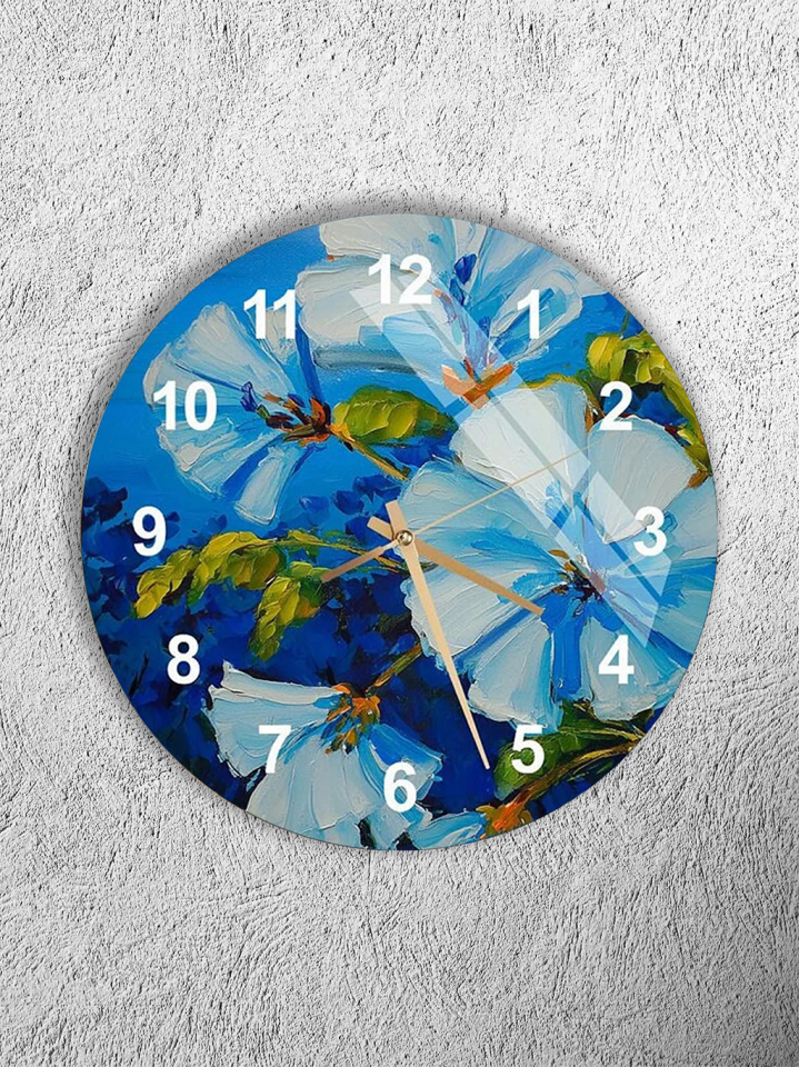 KIRILMAZ CAM DUVAR SAATİ , HEM TABLO HEM SAAT MAVİ ÇİÇEKLİ SANATSAL YAĞLI BOYA TASARIM EV OFİS HEDİYESİ