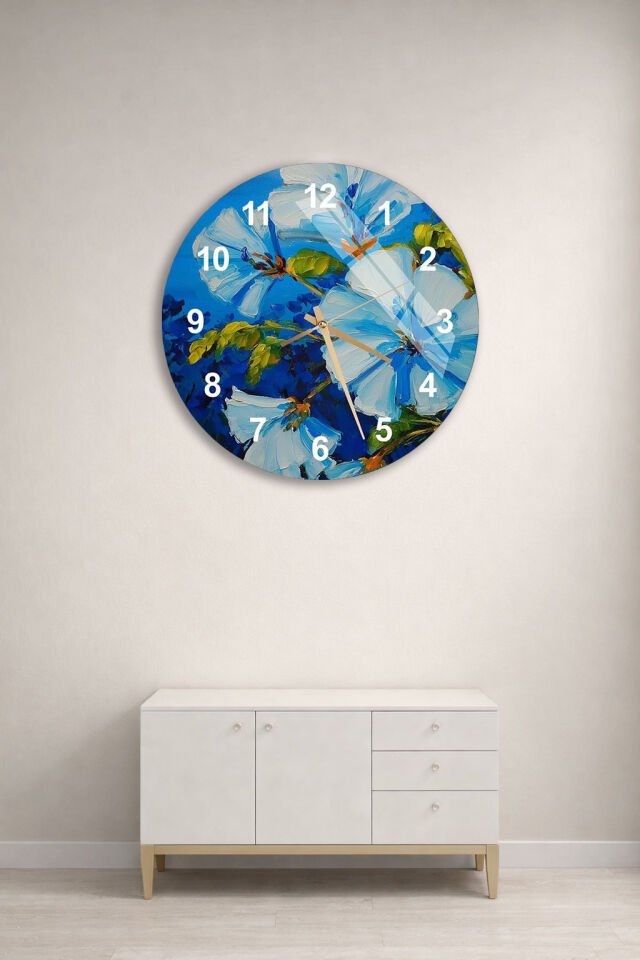 KIRILMAZ CAM DUVAR SAATİ , HEM TABLO HEM SAAT MAVİ ÇİÇEKLİ SANATSAL YAĞLI BOYA TASARIM EV OFİS HEDİYESİ
