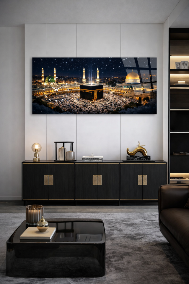KIRILMAZ CAM DUVAR SAATİ , HEM TABLO HEM SAAT KÂBE GECE MANZARASI EV OFİS HEDİYESİ