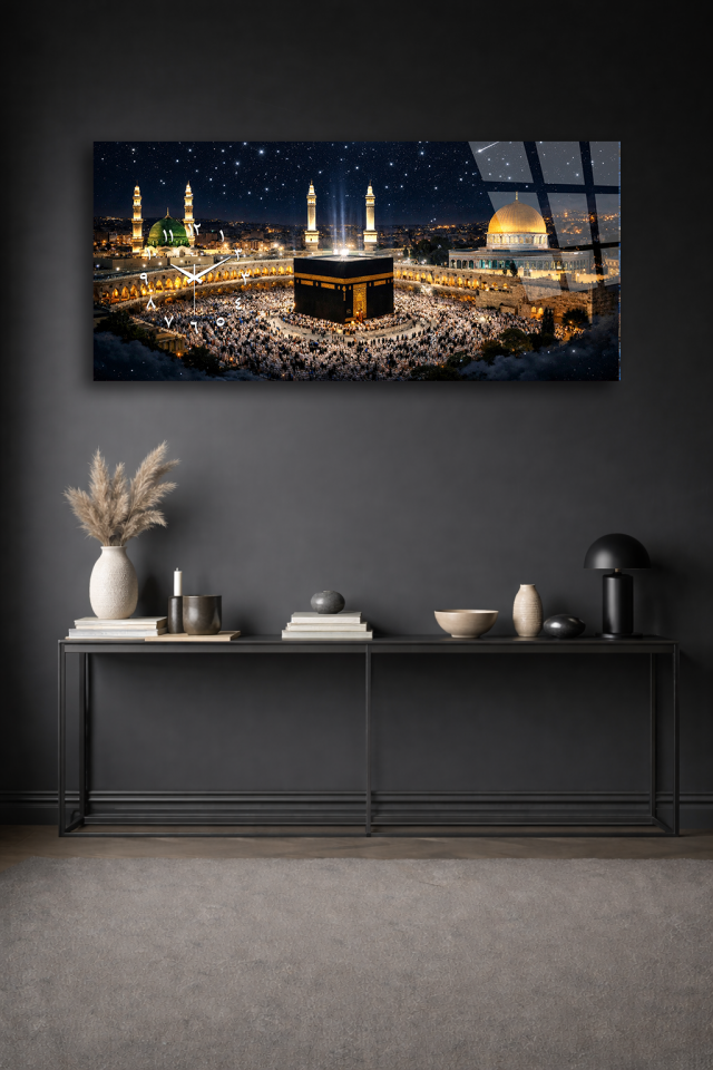 KIRILMAZ CAM DUVAR SAATİ , HEM TABLO HEM SAAT KÂBE GECE MANZARASI EV OFİS HEDİYESİ