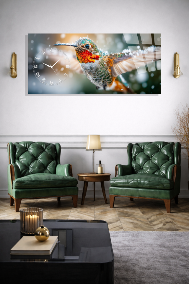 KIRILMAZ CAM DUVAR SAATİ , HEM TABLO HEM SAAT KOLİBRİ KUŞU DOĞA TASARIM EV OFİS HEDİYESİ