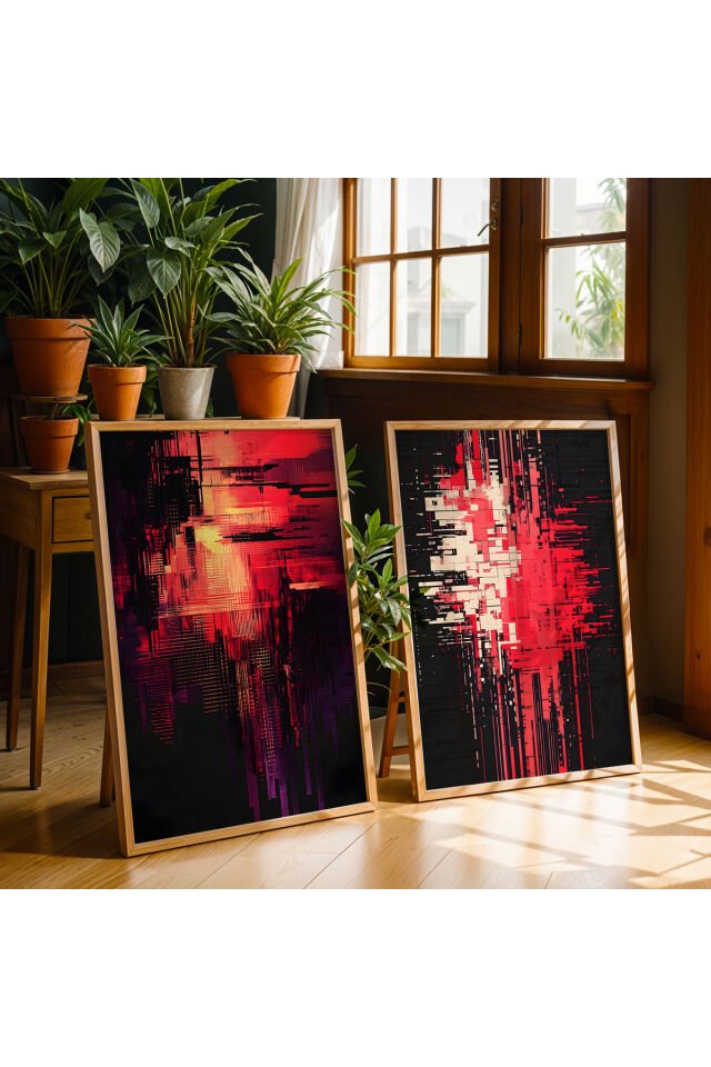 DOĞAL AHŞAP - Abstract Geometrik Denge İkili Doğal Ahşap Çerçeveli Duvar Tablo Seti