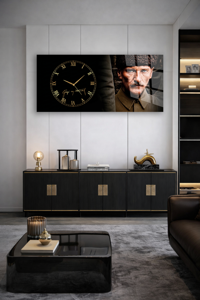 KIRILMAZ CAM DUVAR SAATİ, HEM TABLO HEM SAAT ATATÜRK GAZİ PORTRE EV OFİS HEDİYESİ