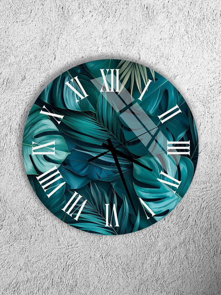 KIRILMAZ CAM DUVAR SAATİ , HEM TABLO HEM SAAT TROPİK YEŞİL YAPRAK DESENLİ MODERN TASARIM EV OFİS HEDİYESİ
