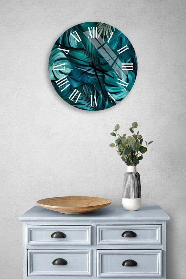 KIRILMAZ CAM DUVAR SAATİ , HEM TABLO HEM SAAT TROPİK YEŞİL YAPRAK DESENLİ MODERN TASARIM EV OFİS HEDİYESİ