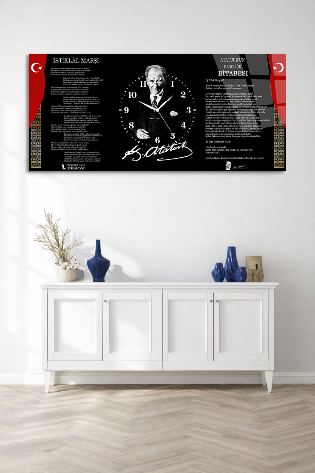 KIRILMAZ CAM DUVAR SAATİ , HEM TABLO HEM SAAT ATATÜRK İSTİKLAL MARŞI TASARIM EV OFİS HEDİYESİ
