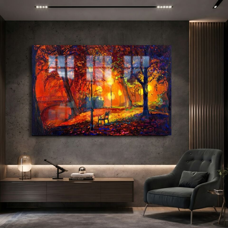 KIRILMAZ CAM TABLO , MODERN DUVAR DEKORASYONU SONBAHAR PARK MANZARA SANAT EV OFİS HEDİYESİ