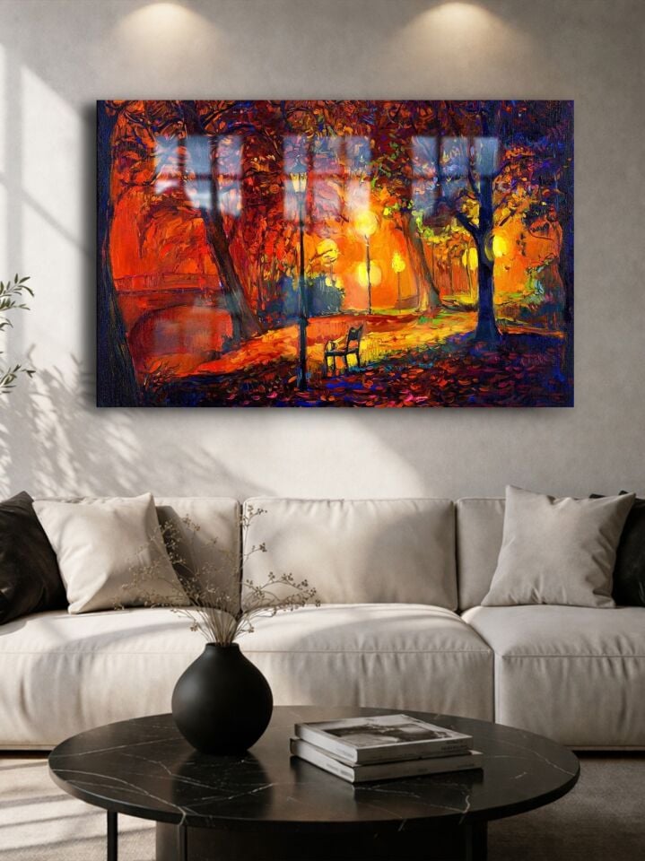 KIRILMAZ CAM TABLO , MODERN DUVAR DEKORASYONU SONBAHAR PARK MANZARA SANAT EV OFİS HEDİYESİ