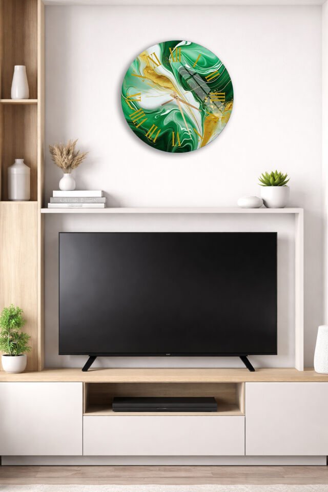 KIRILMAZ CAM DUVAR SAATİ , HEM TABLO HEM SAAT YEŞİL MERMER ALTIN DAMARLI LÜKS TASARIM EV OFİS HEDİYESİ