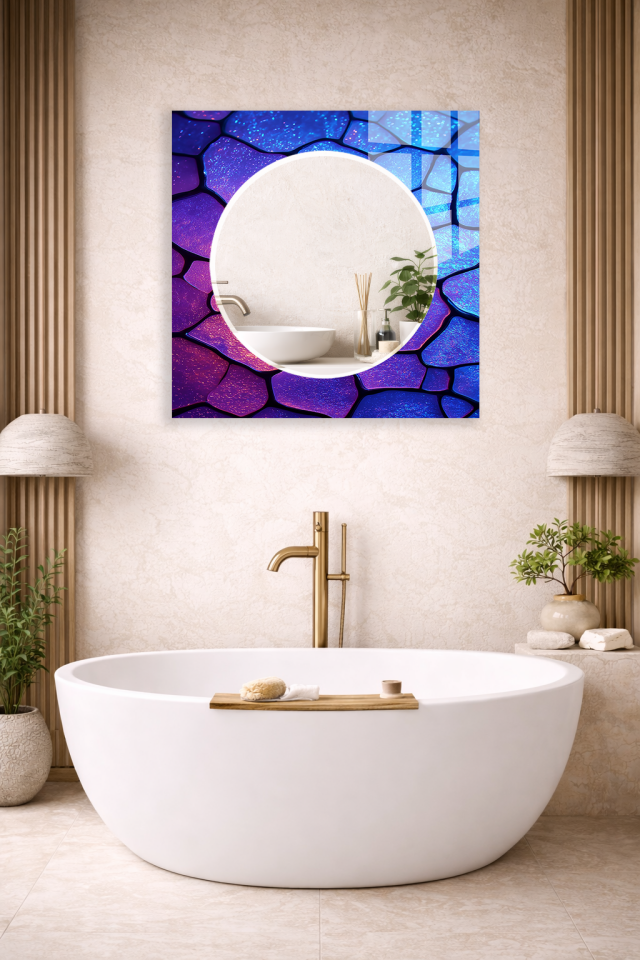 HEM TABLO HEM AYNA MOR MAVİ MOZAIK SANATSAL DESEN CAM DUVAR AYNASI EV DEKORU
