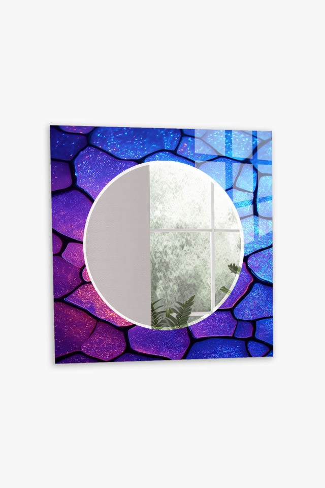 HEM TABLO HEM AYNA MOR MAVİ MOZAIK SANATSAL DESEN CAM DUVAR AYNASI EV DEKORU