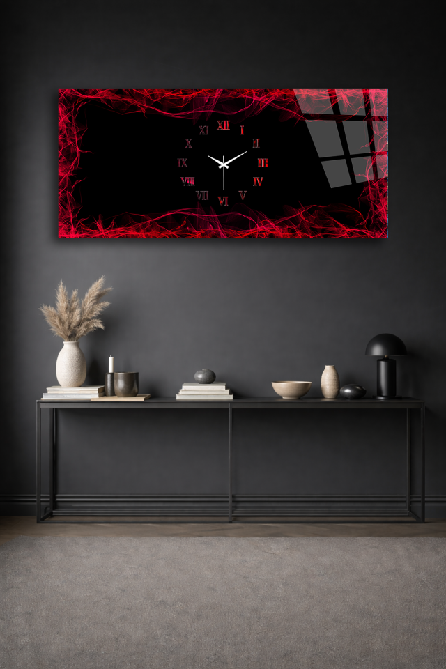 KIRILMAZ CAM DUVAR SAATİ , HEM TABLO HEM SAAT KIRMIZI SOYUT SANAT TASARIM EV OFİS HEDİYESİ