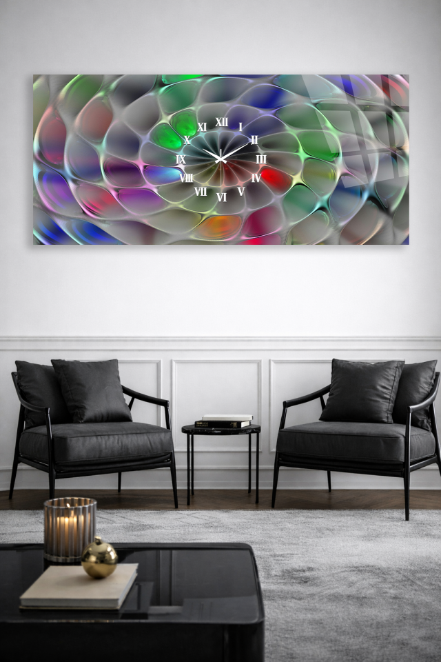 KIRILMAZ CAM DUVAR SAATİ , HEM TABLO HEM SAAT SOYUT RENKLİ MODERN TASARIM EV OFİS HEDİYESİ