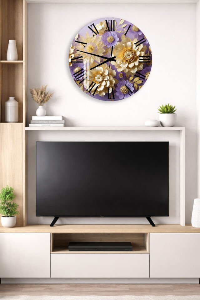 KIRILMAZ CAM DUVAR SAATİ, HEM TABLO HEM SAAT MOR ALTIN ÇİÇEK DESEN LÜKS TASARIM EV OFİS HEDİYESİ