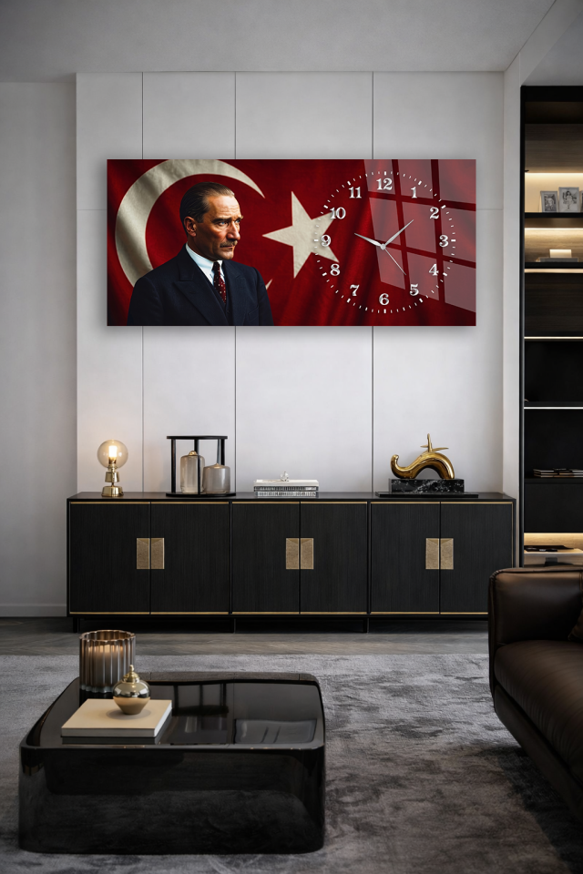 KIRILMAZ CAM DUVAR SAATİ, HEM TABLO HEM SAAT ATATÜRK KIRMIZI BAYRAK PORTRE EV OFİS HEDİYESİ