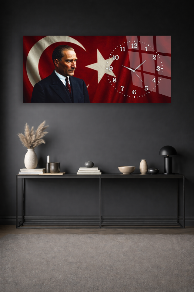 KIRILMAZ CAM DUVAR SAATİ, HEM TABLO HEM SAAT ATATÜRK KIRMIZI BAYRAK PORTRE EV OFİS HEDİYESİ