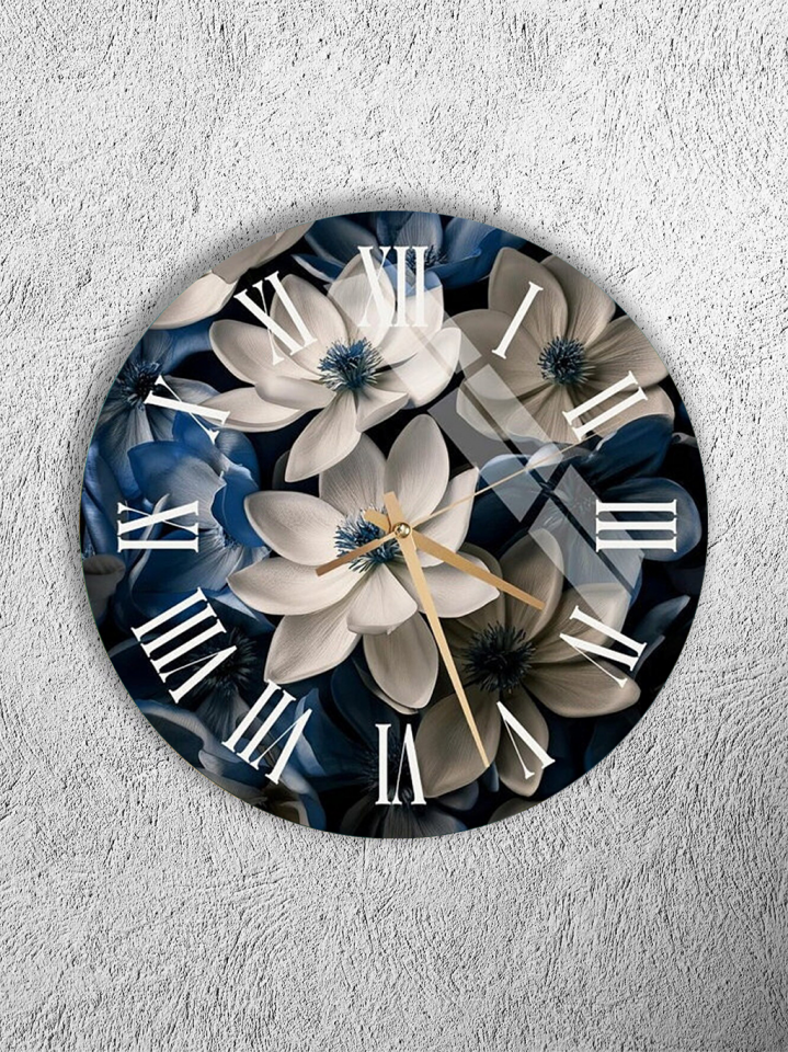 KIRILMAZ CAM DUVAR SAATİ , HEM TABLO HEM SAAT BEYAZ MAVİ ÇİÇEKLİ ELEGAN TASARIM EV OFİS HEDİYESİ