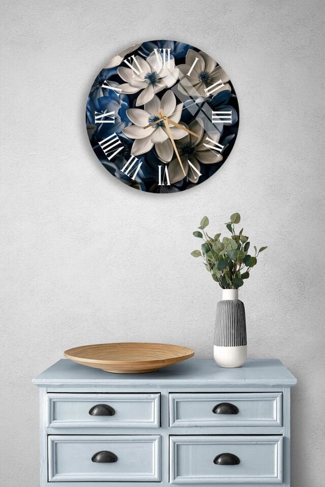 KIRILMAZ CAM DUVAR SAATİ , HEM TABLO HEM SAAT BEYAZ MAVİ ÇİÇEKLİ ELEGAN TASARIM EV OFİS HEDİYESİ