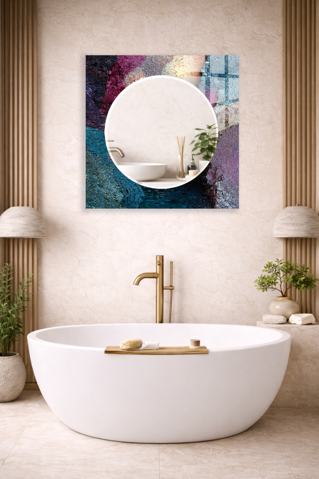 HEM TABLO HEM AYNA RENKLİ PARLAK SOYUT DESEN CAM DUVAR AYNASI EV DEKORU