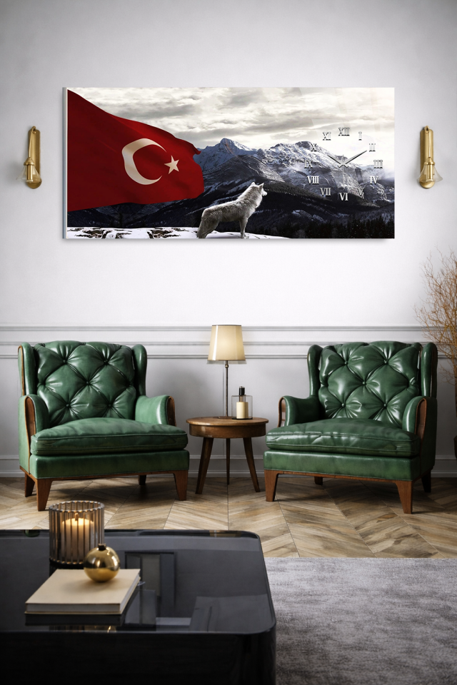 KIRILMAZ CAM DUVAR SAATİ , HEM TABLO HEM SAAT BOZKURT VE TÜRK BAYRAĞI EV OFİS HEDİYESİ