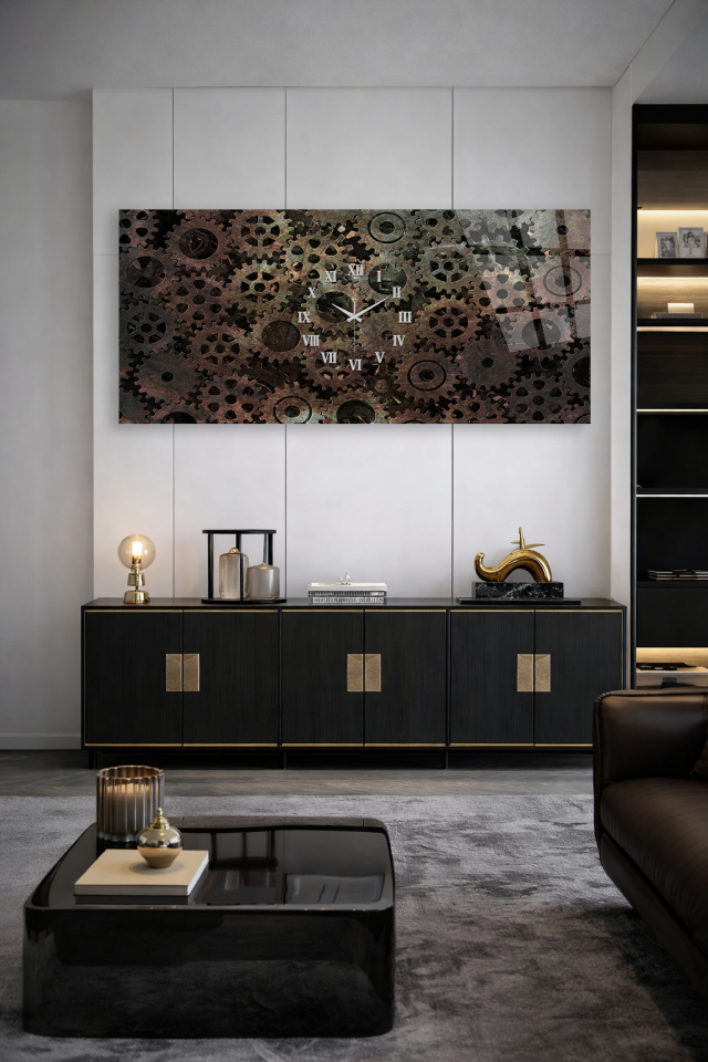 KIRILMAZ CAM DUVAR SAATİ , HEM TABLO HEM SAAT VİNTAGE MEKANİK ÇARK TASARIM EV OFİS HEDİYESİ