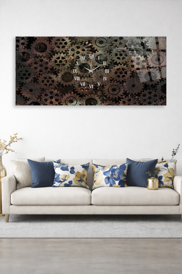 KIRILMAZ CAM DUVAR SAATİ , HEM TABLO HEM SAAT VİNTAGE MEKANİK ÇARK TASARIM EV OFİS HEDİYESİ