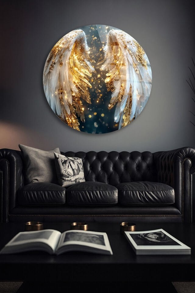 KIRILMAZ CAM TABLO , MODERN DUVAR DEKORU ALTIN MELEK KANATLARI LÜKS EV OFİS HEDİYESİ