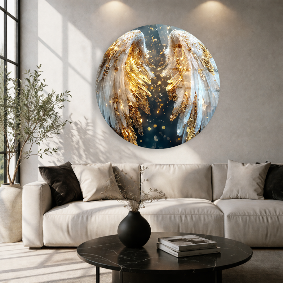 KIRILMAZ CAM TABLO , MODERN DUVAR DEKORU ALTIN MELEK KANATLARI LÜKS EV OFİS HEDİYESİ