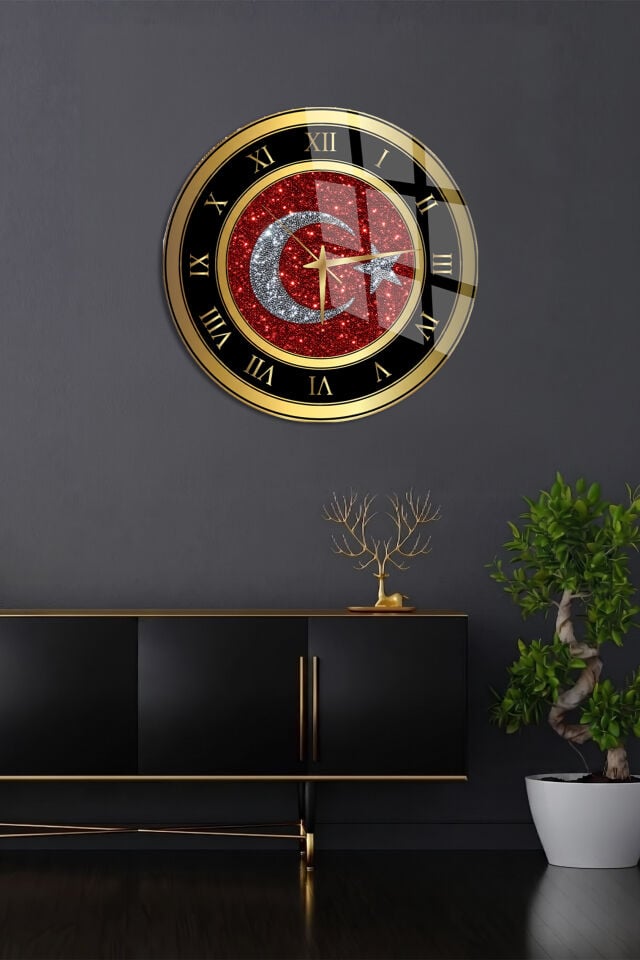 YUVARLAK KIRILMAZ CAM DUVAR SAATİ, HEM TABLO HEM SAAT TÜRK BAYRAĞI SİMLİ EV OFİS HEDİYESİ