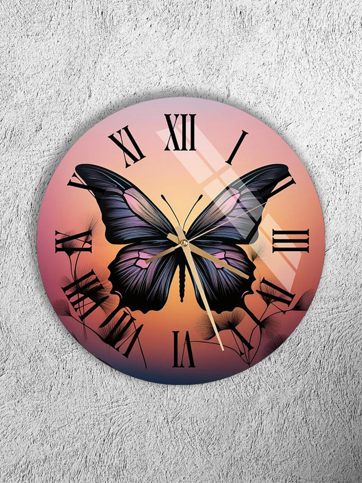KIRILMAZ CAM DUVAR SAATİ , HEM TABLO HEM SAAT KELEBEK VE GÜN BATIMI SANATSAL TASARIM EV OFİS HEDİYESİ 317.