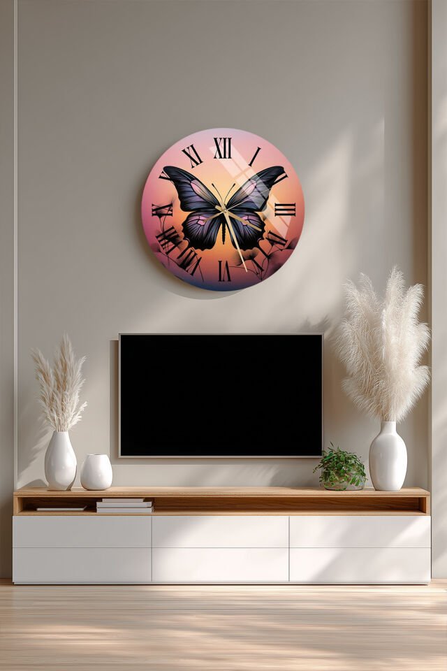 KIRILMAZ CAM DUVAR SAATİ , HEM TABLO HEM SAAT KELEBEK VE GÜN BATIMI SANATSAL TASARIM EV OFİS HEDİYESİ 317.