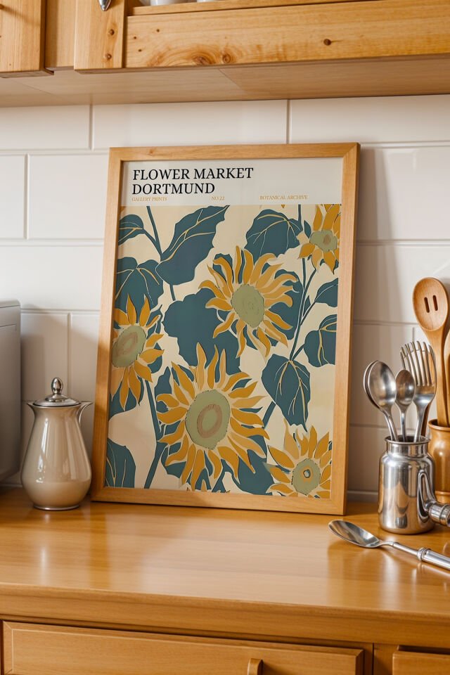 DOĞAL AHŞAP - Doğal Ahşap Çerçeveli Flower Market Dortmund Tablosu – Rustik Ayçiçekleri