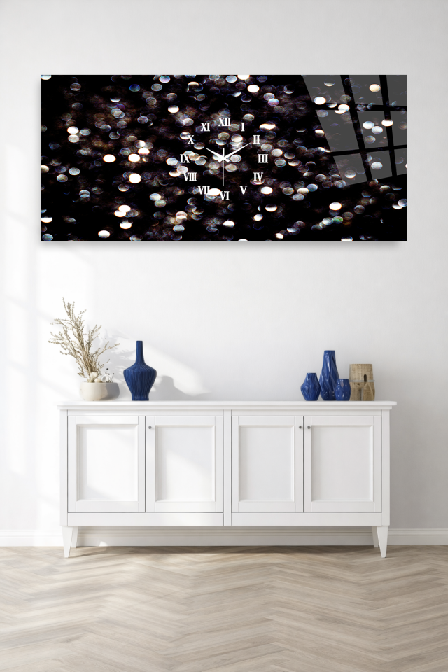 KIRILMAZ CAM DUVAR SAATİ , HEM TABLO HEM SAAT IŞIKLI BOKEH GECE TASARIM EV OFİS HEDİYESİ