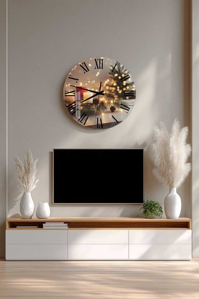 KIRILMAZ CAM DUVAR SAATİ, HEM TABLO HEM SAAT YILBAŞI MUM VE IŞIK TEMASI EV OFİS HEDİYESİ