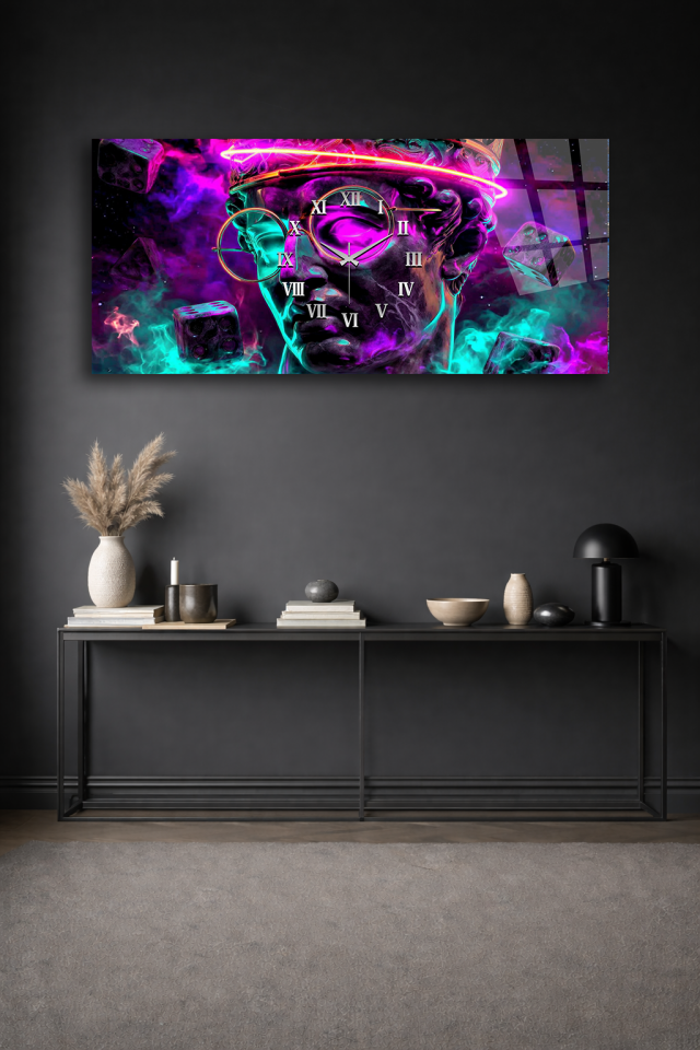 KIRILMAZ CAM DUVAR SAATİ , HEM TABLO HEM SAAT NEON HEYKEL MODERN SANAT EV OFİS HEDİYESİ