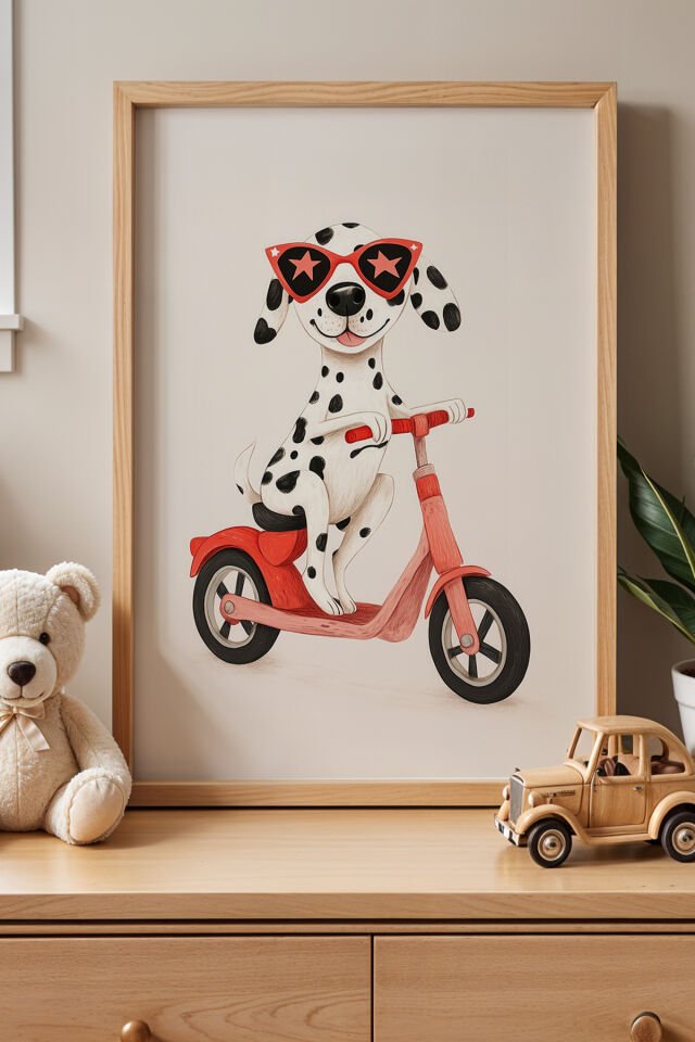 DOĞAL AHŞAP - Sevimli Bisiklet Süren Köpek Çocuk Odası Ve Bebek Odası Ahşap Çerçeveli Duvar Tablosu