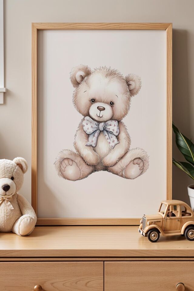 DOĞAL AHŞAP - Mavi Fiyonklu Ayıcık Çocuk Odası Ahşap Çerçeveli Duvar Tablosu