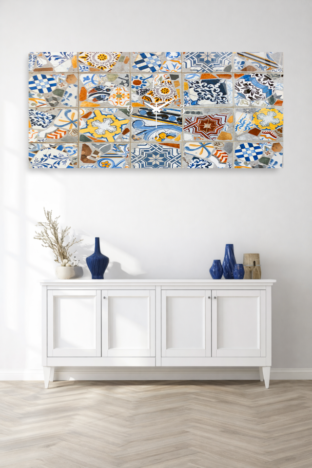 KIRILMAZ CAM DUVAR SAATİ , HEM TABLO HEM SAAT MODERN GEOMETRİK RENKLİ TASARIM EV OFİS HEDİYESİ