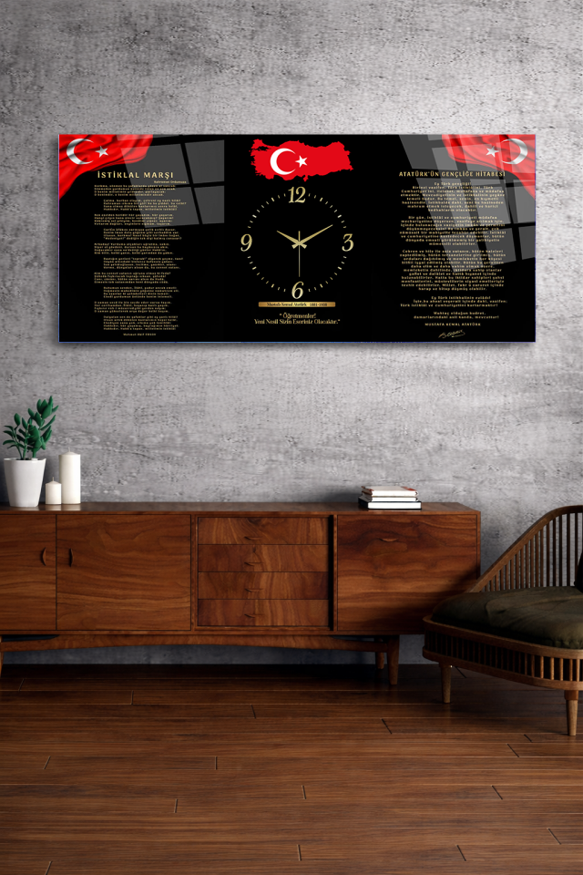 KIRILMAZ CAM DUVAR SAATİ , HEM TABLO HEM SAAT İSTİKLAL MARŞI ATATÜRK EV OFİS HEDİYESİ