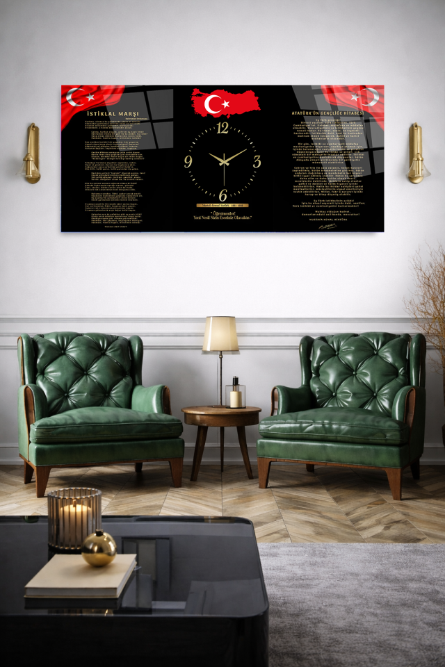 KIRILMAZ CAM DUVAR SAATİ , HEM TABLO HEM SAAT İSTİKLAL MARŞI ATATÜRK EV OFİS HEDİYESİ