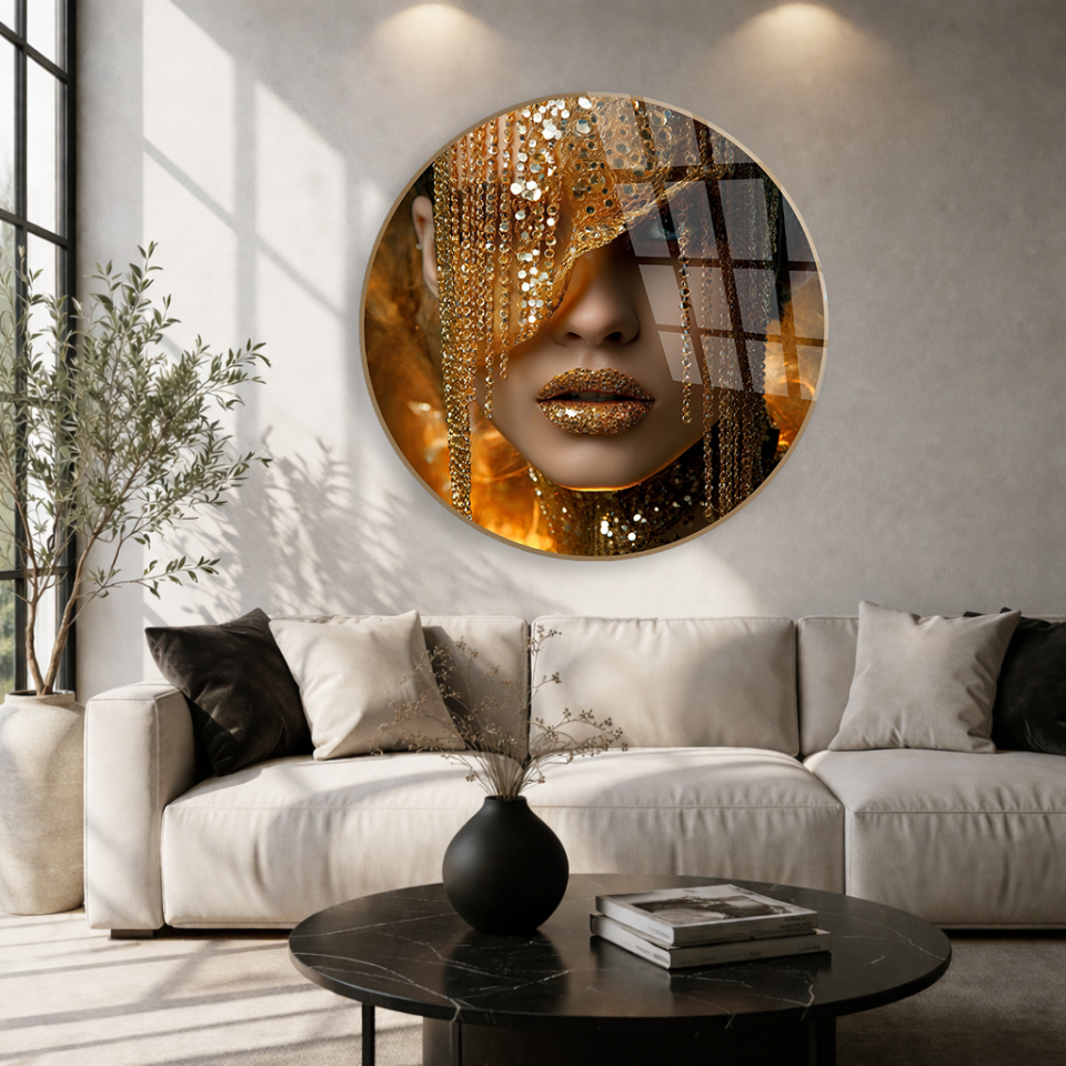 KIRILMAZ CAM TABLO , MODERN DUVAR DEKORU GOLD MASKE KADIN LÜKS TASARIM EV OFİS HEDİYESİ
