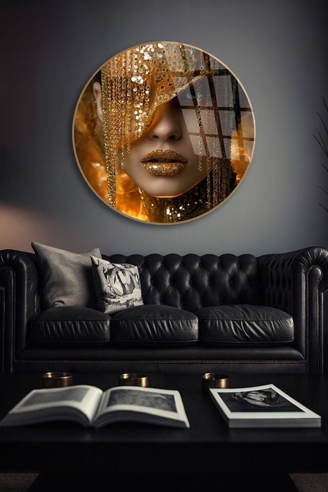 KIRILMAZ CAM TABLO , MODERN DUVAR DEKORU GOLD MASKE KADIN LÜKS TASARIM EV OFİS HEDİYESİ