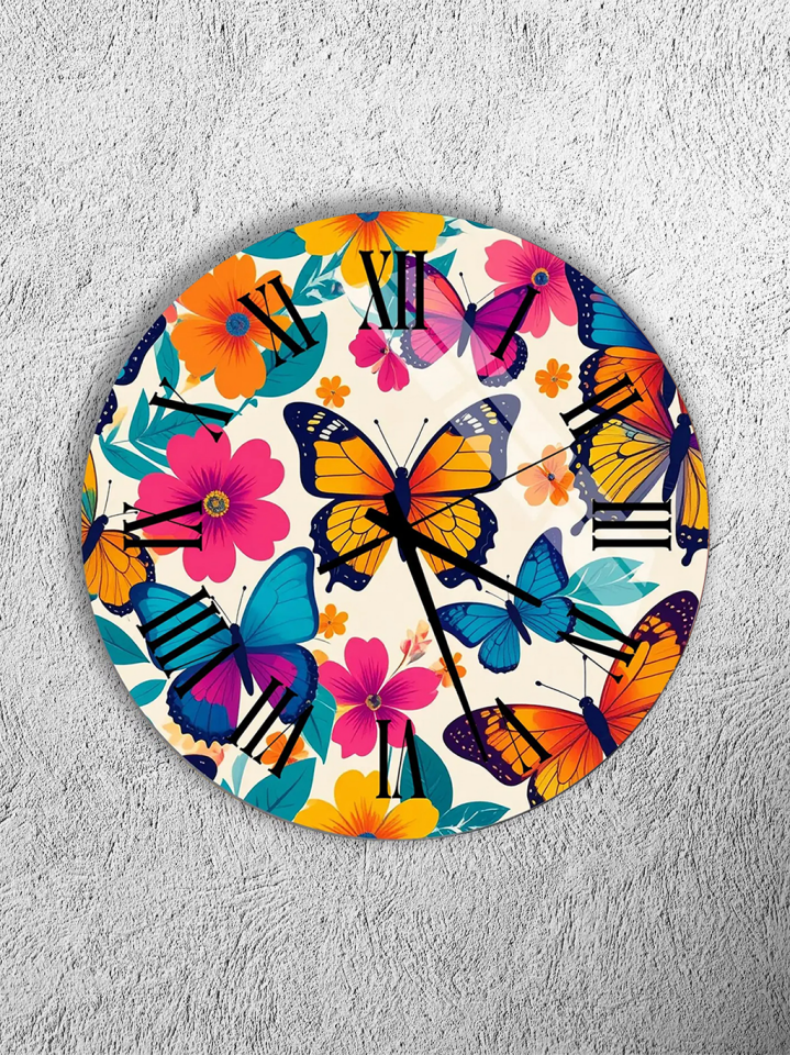 KIRILMAZ CAM DUVAR SAATİ , HEM TABLO HEM SAAT RENKLİ KELEBEK VE ÇİÇEK DESENLİ TASARIM EV OFİS HEDİYESİ