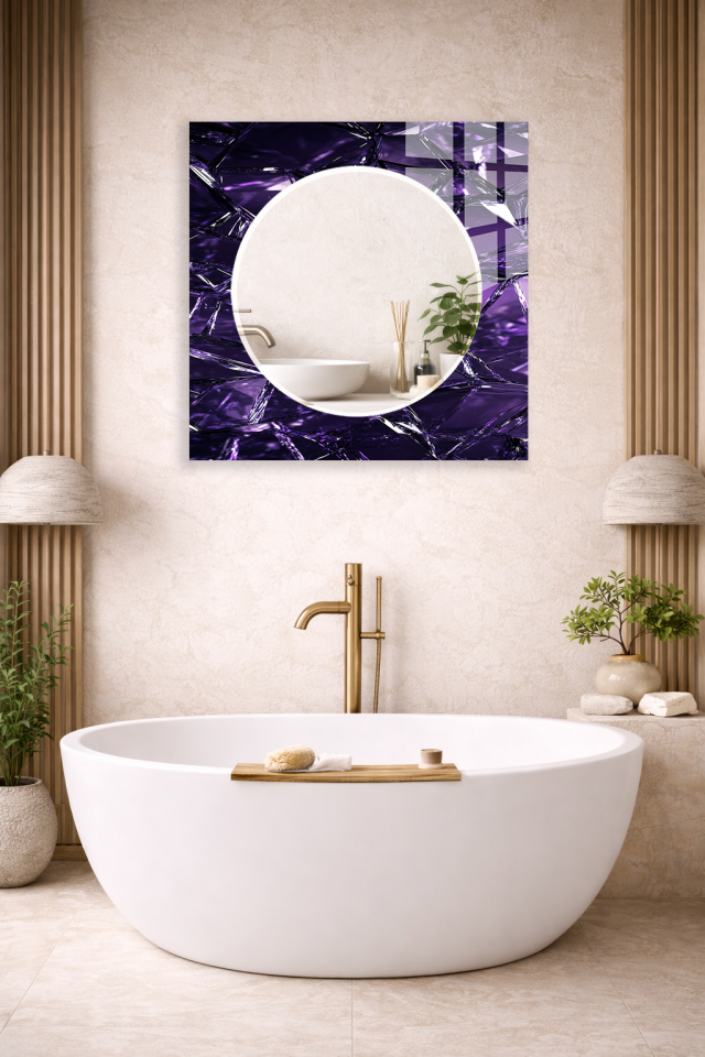 HEM TABLO HEM AYNA MOR KRİSTAL CAM EFEKTLİ DESEN CAM DUVAR AYNASI EV DEKORU