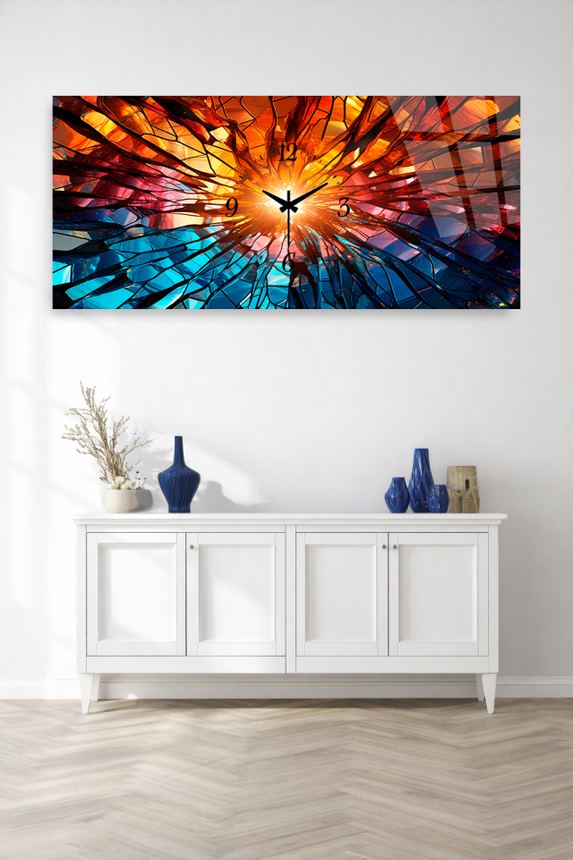 KIRILMAZ CAM DUVAR SAATİ , HEM TABLO HEM SAAT SOYUT RENK PATLAMASI SANATSAL DEKOR EV OFİS HEDİYESİ
