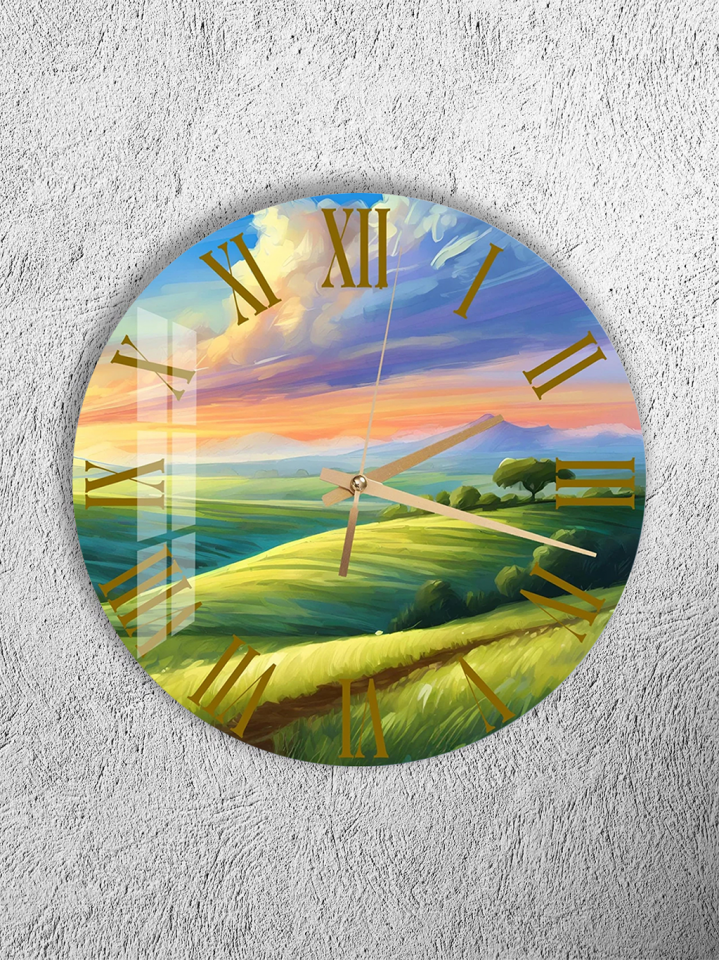 KIRILMAZ CAM DUVAR SAATİ, HEM TABLO HEM SAAT GÜN BATIMI YEŞİL TEPE MANZARA TASARIM EV OFİS HEDİYESİ