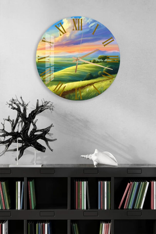 KIRILMAZ CAM DUVAR SAATİ, HEM TABLO HEM SAAT GÜN BATIMI YEŞİL TEPE MANZARA TASARIM EV OFİS HEDİYESİ