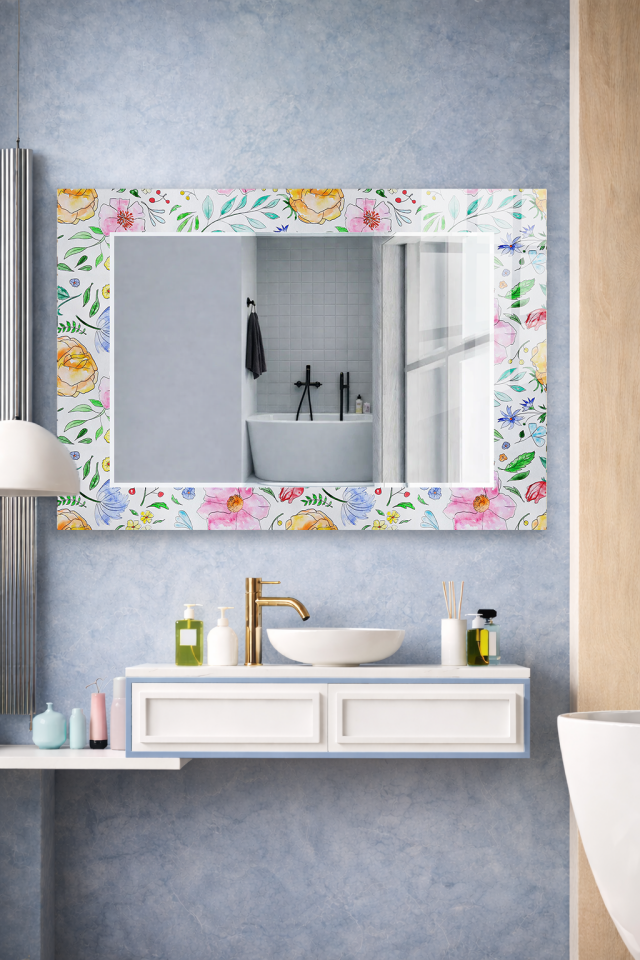 HEM TABLO HEM AYNA ÇİÇEK DESEN PASTEL DEKORATİF CAM DUVAR AYNASI EV DEKORU